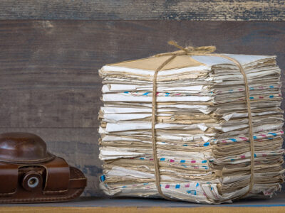 A stack of letters and a camera